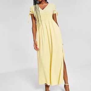 Bar III Pale Yellow V-Neck Smocked Maxi Dress NWT FLAW short sleeve slit large